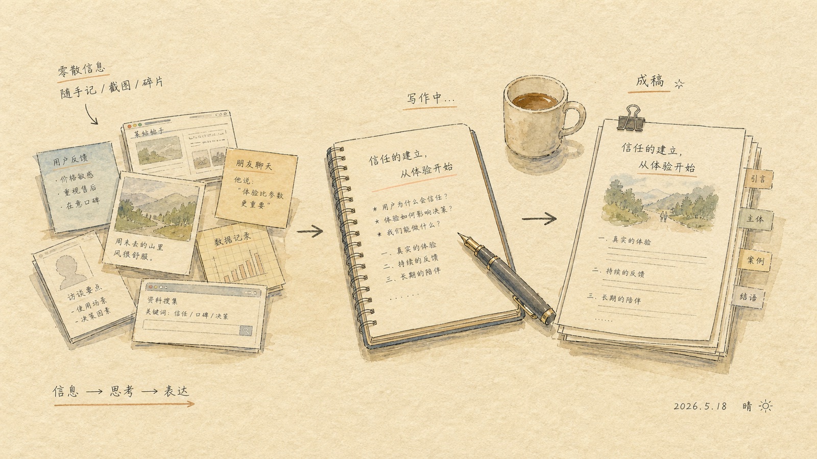 Watercolor sketch: scattered information cards on the left, a fountain pen in the middle, a finished article on the right