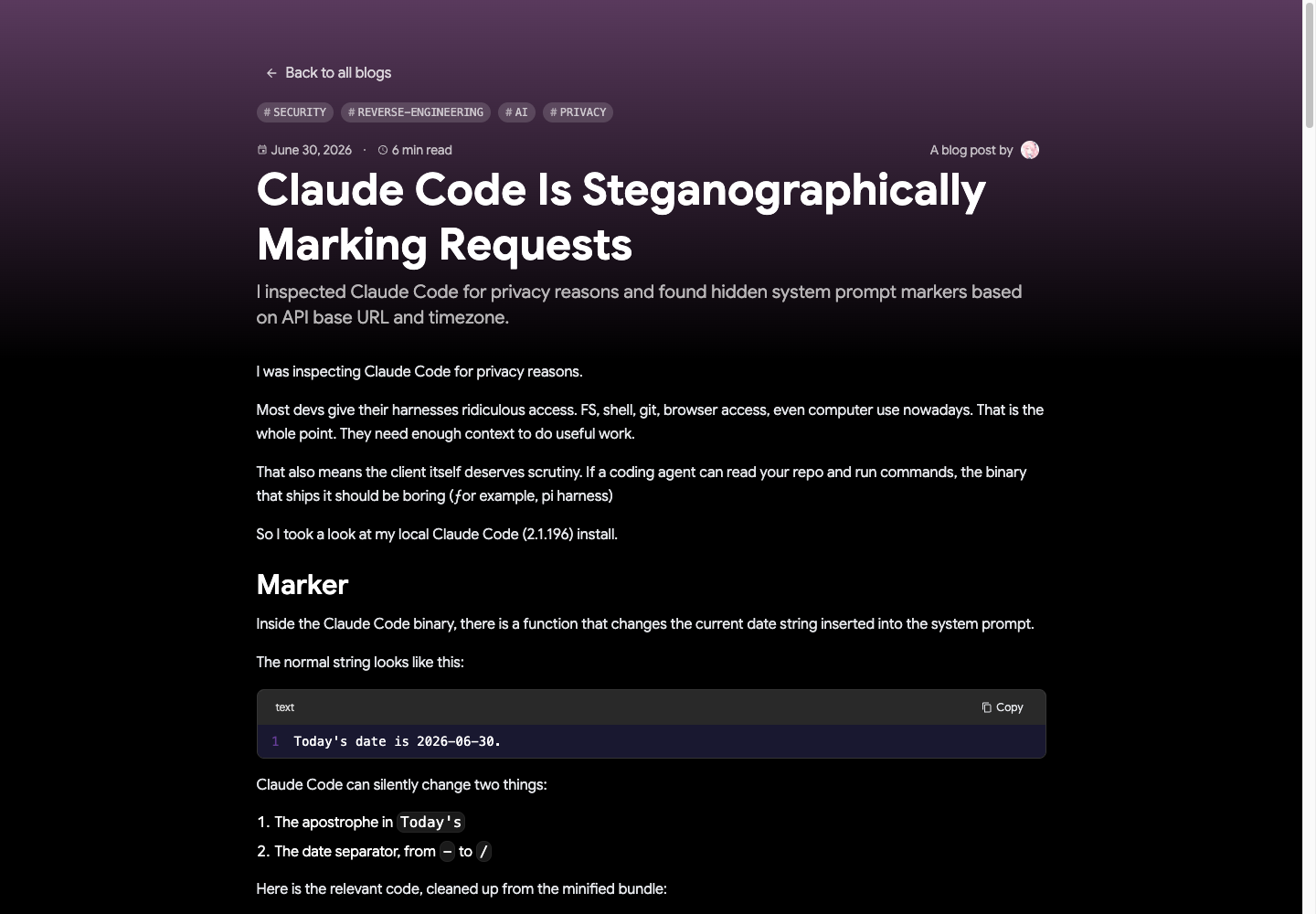Screenshot of thereallo.dev technical post about Claude Code prompt steganography.