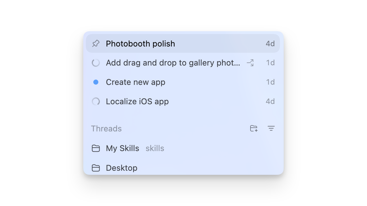 Current OpenAI desktop app: project/thread sidebar