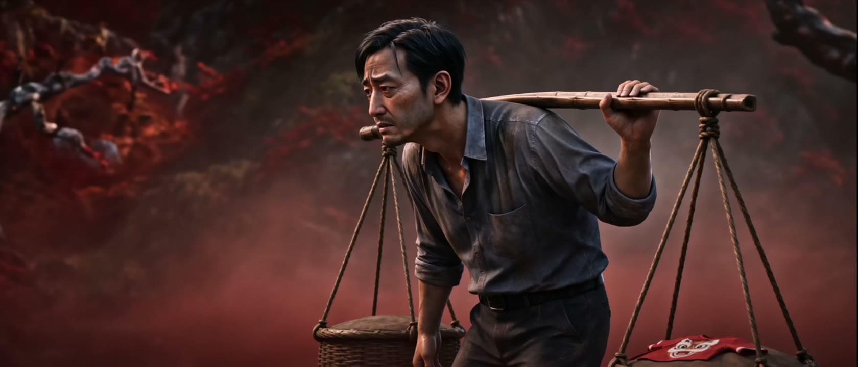 A frame from the second production round: the main character carries two heavy loads on a shoulder pole