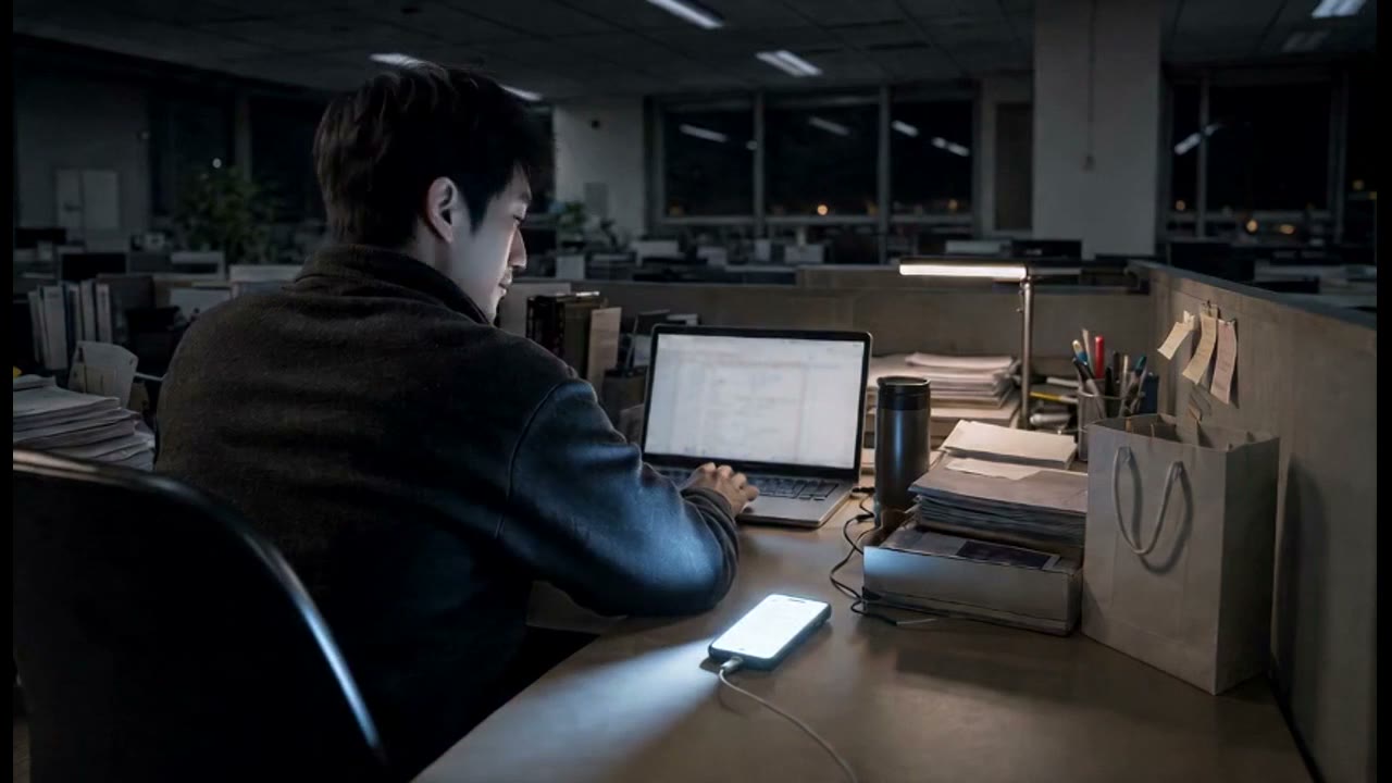 A frame from the first cut: the main character working alone in a late-night office