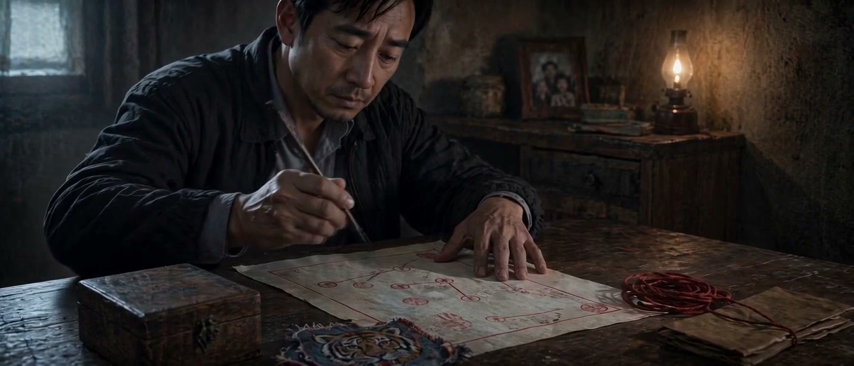 A frame from The Monkey King Strikes Again: the main character draws his future arrangements by lamplight