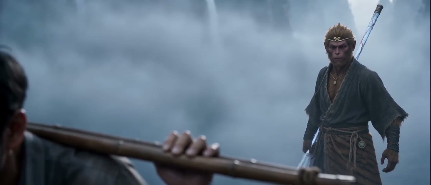A frame from The Monkey King Strikes Again: Sun Wukong confronts the burdened main character in the fog