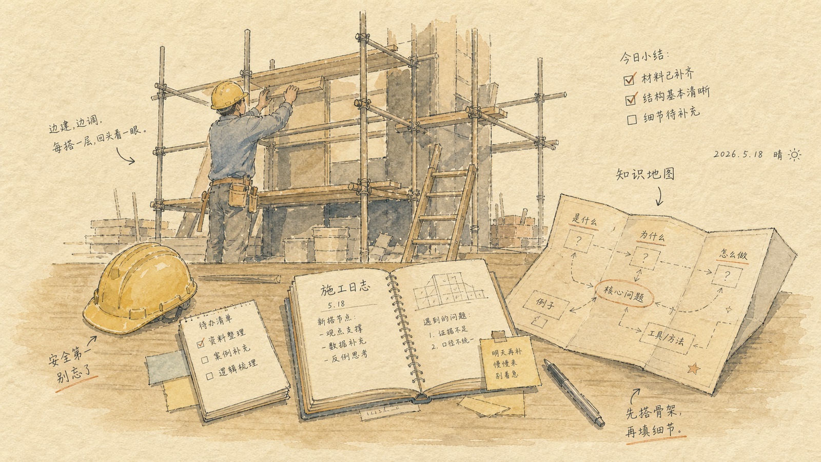 水彩手绘：工地脚手架旁散落笔记本，旁边一张折叠的「知识地图」