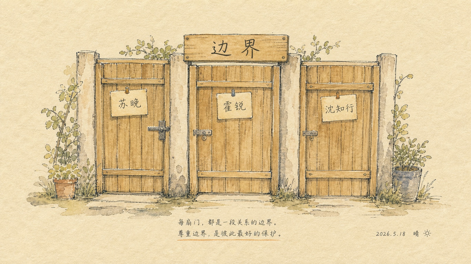 Watercolor sketch: three wooden doors side by side, a wooden sign above reading 'boundary,' each door pinned with a role card