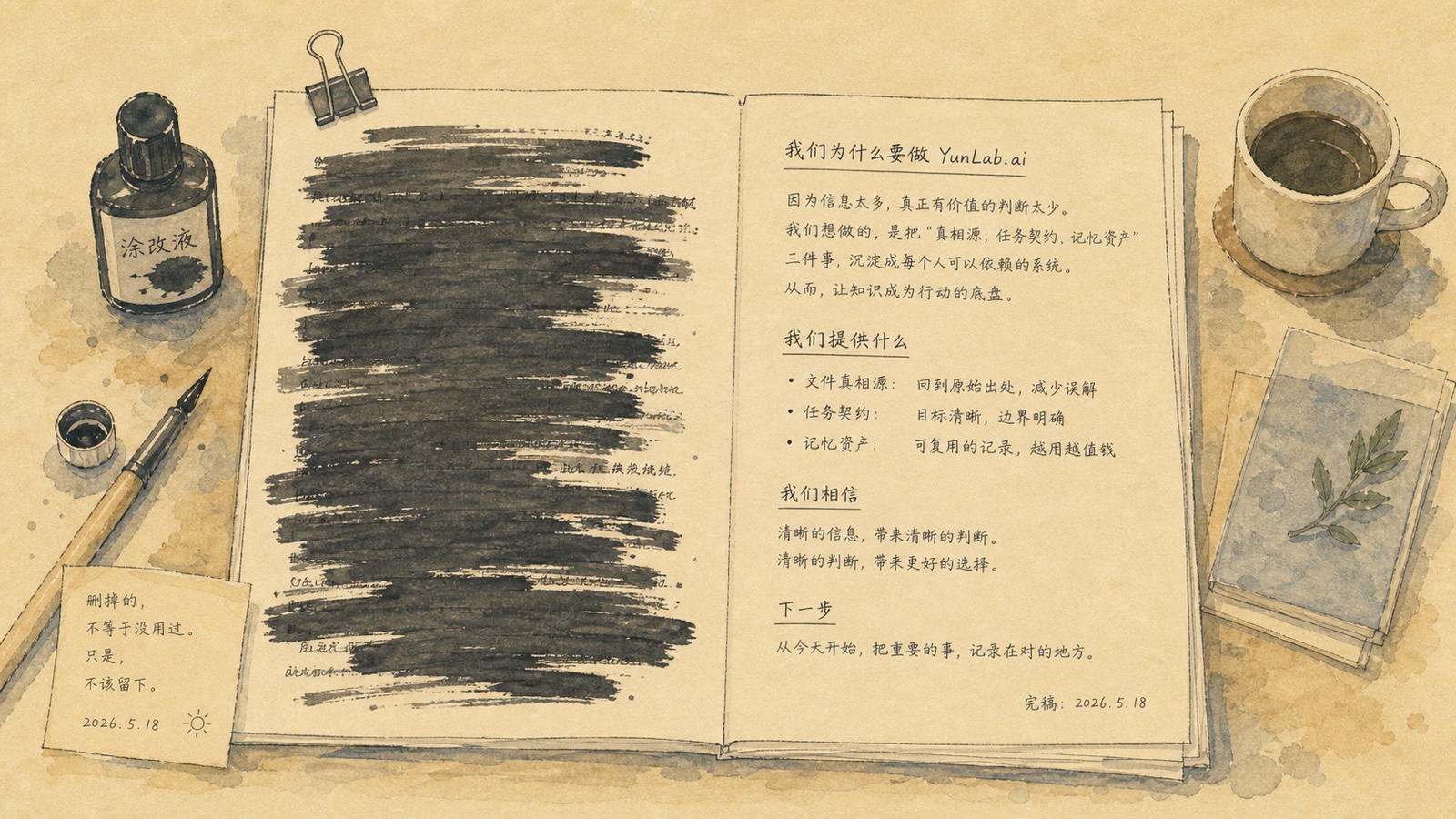 水彩手绘：对开文档，左半页大段文字被涂改液涂掉，右半页是清晰精简文字