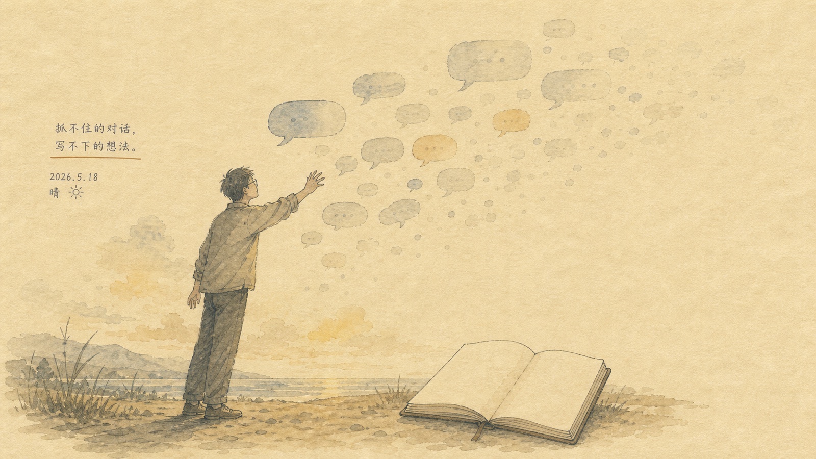 Watercolor sketch: half-transparent chat bubbles drifting in the air, with the silhouette of a person below reaching but unable to catch them