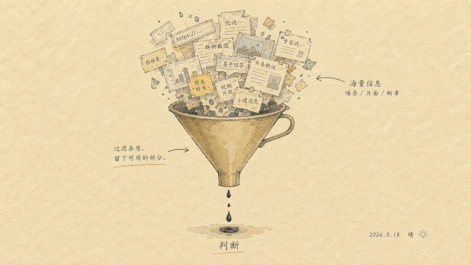 水彩手绘：一个漏斗，上面倒入大量信息碎片，下面只滴出几滴墨水