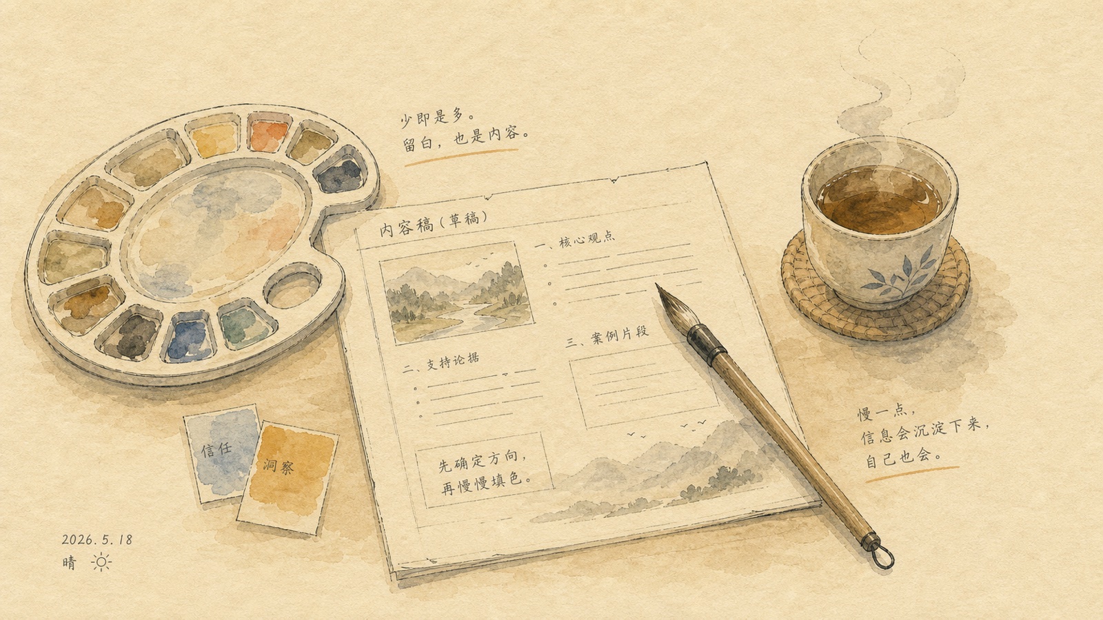 Watercolor sketch: a palette, a calligraphy brush, a half-finished page of draft copy, and a steaming cup of tea beside it